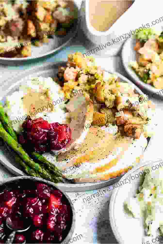 A Beautifully Laid Out Holiday Table With Roasted Turkey, Mashed Potatoes, Cranberry Sauce, And Other Festive Dishes. Thanksgiving Day Recipes: Holiday Classics For Entrees Side Dishes Beverages Breads Desserts